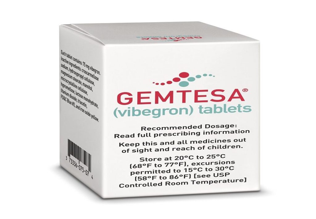 Gemtesa Side Effects - The packed box containing a bottle of Gemtesa tablets