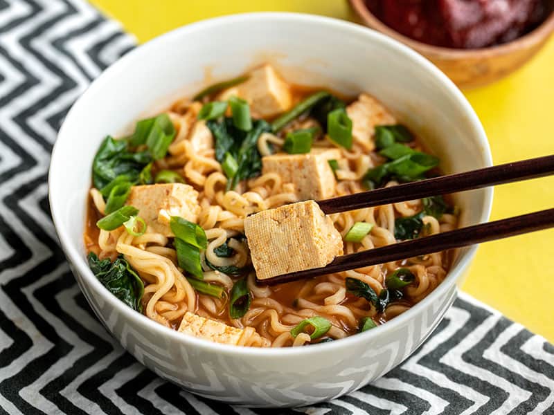 Ramen noodle soup with tofu as a topping