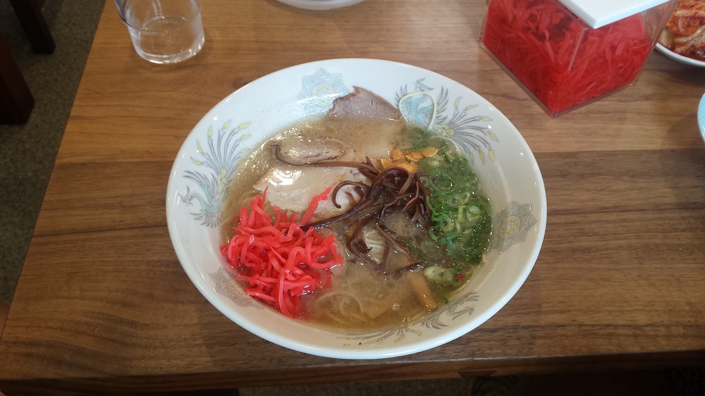 Ramen with red pickled ginger as a topping